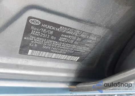 2009 Hyundai Sonata Gls z USA, uszkodzony, nr VIN 5NPET46CX9H547508